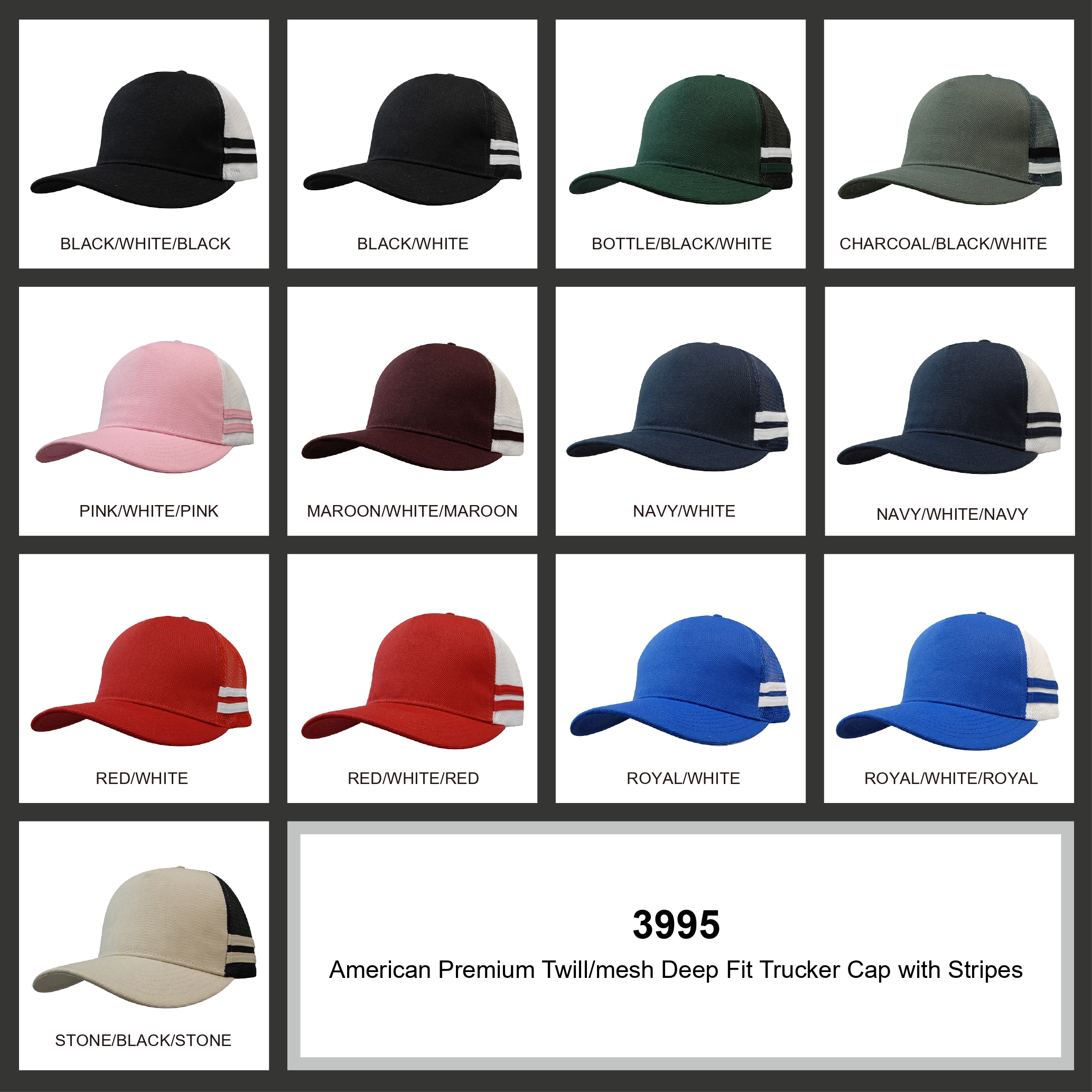 American Premium Twill/Mesh Deep Fit Trucker with Stripes Colour Chart