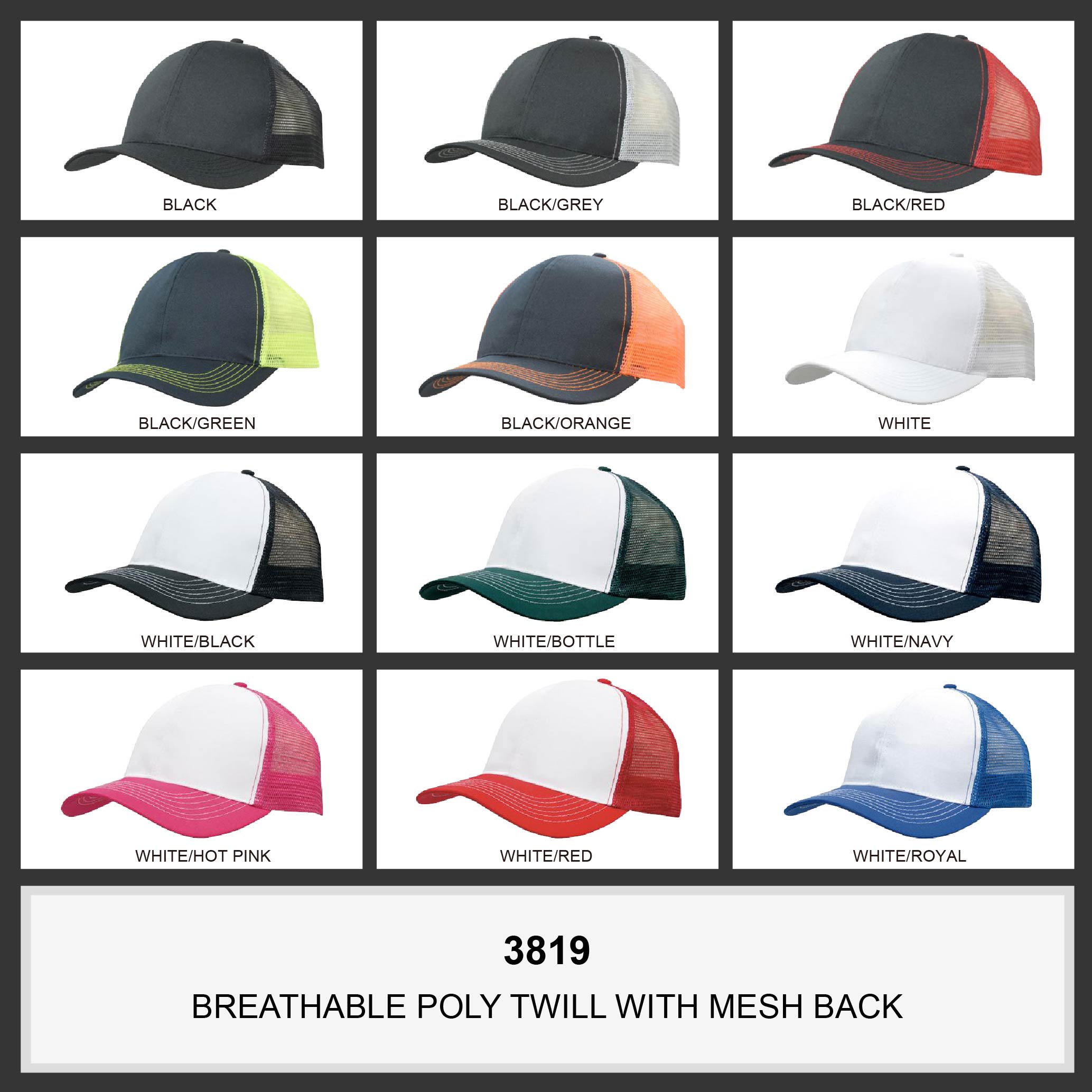 Breathable Poly Twill With Mesh Back Colour Chart