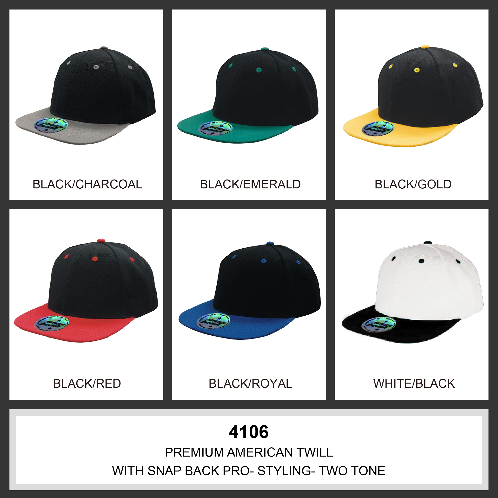 Premium American Twill with Snap 59 Styling - Two Tone Colour Chart
