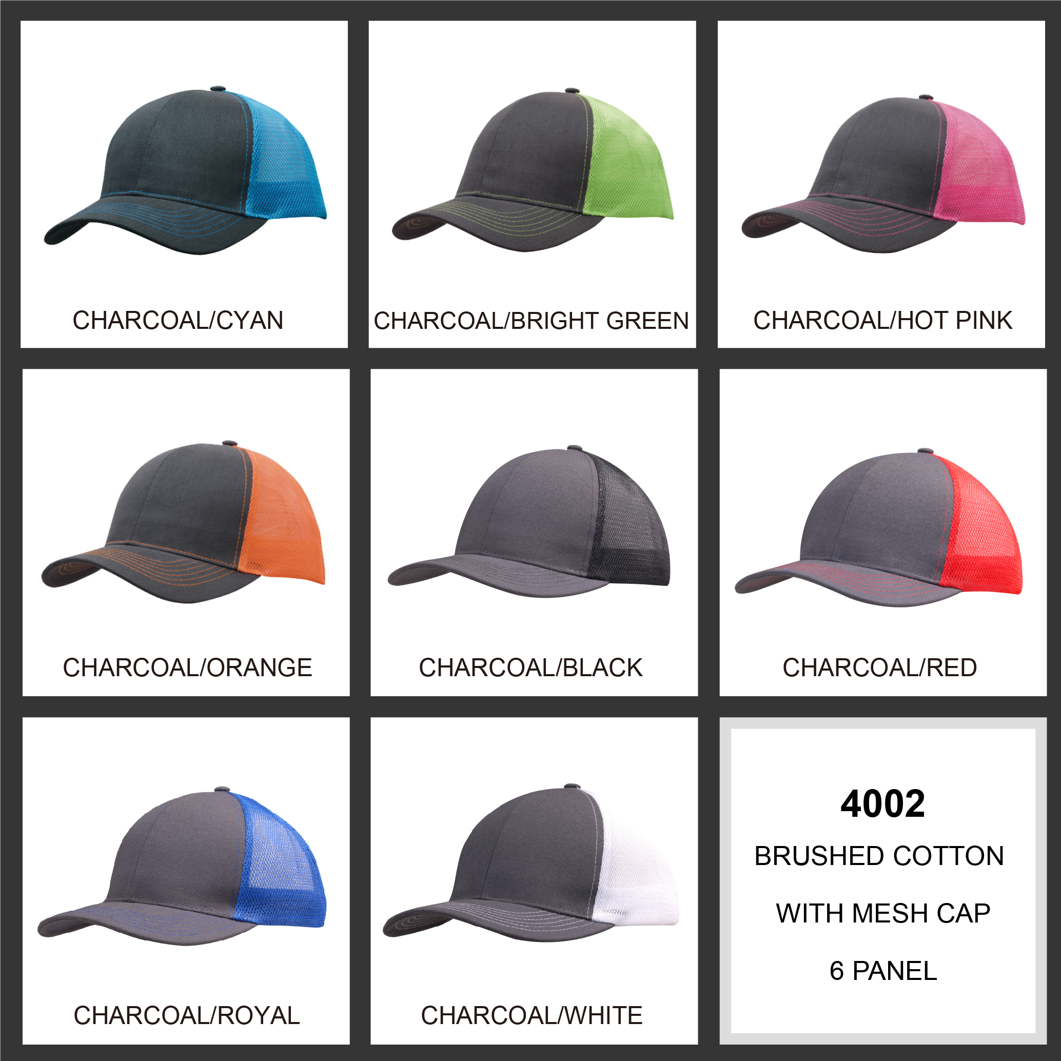Brushed Cotton with Mesh Back Cap Colour Chart