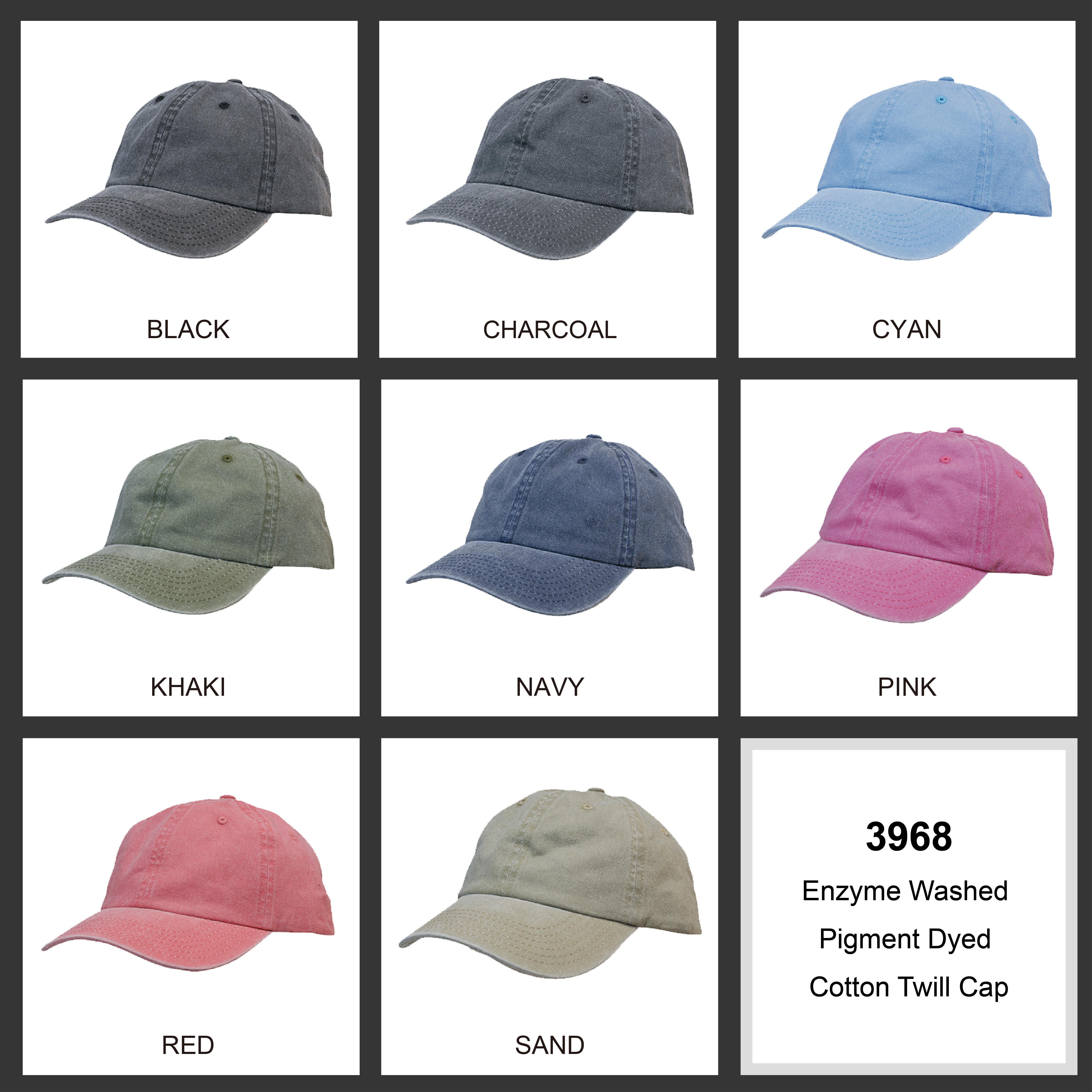 Enzyme Washed Pigment Dyed Cotton Twill Cap Colour Chart