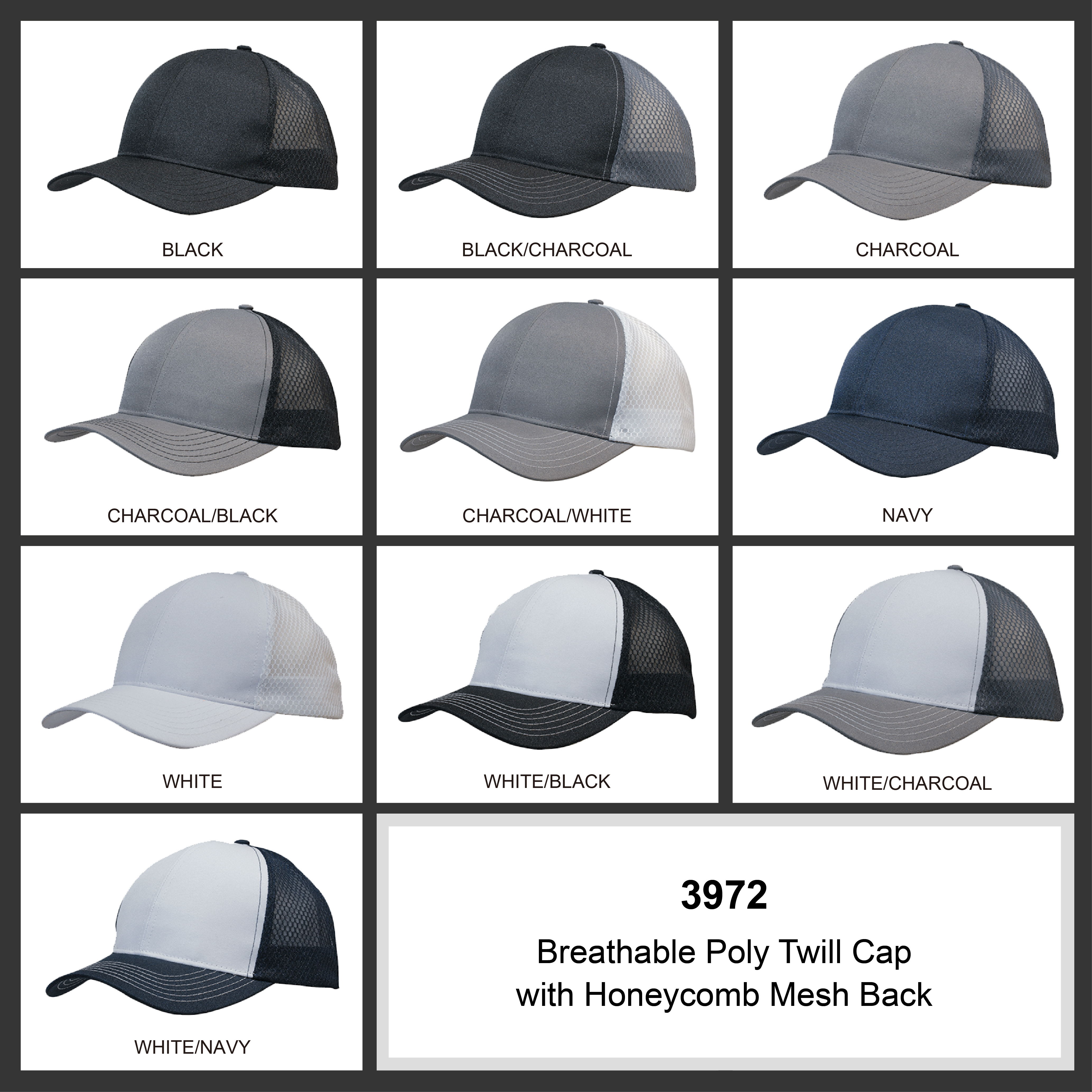 Breathable poly twill with honeycomb mesh Colour Chart