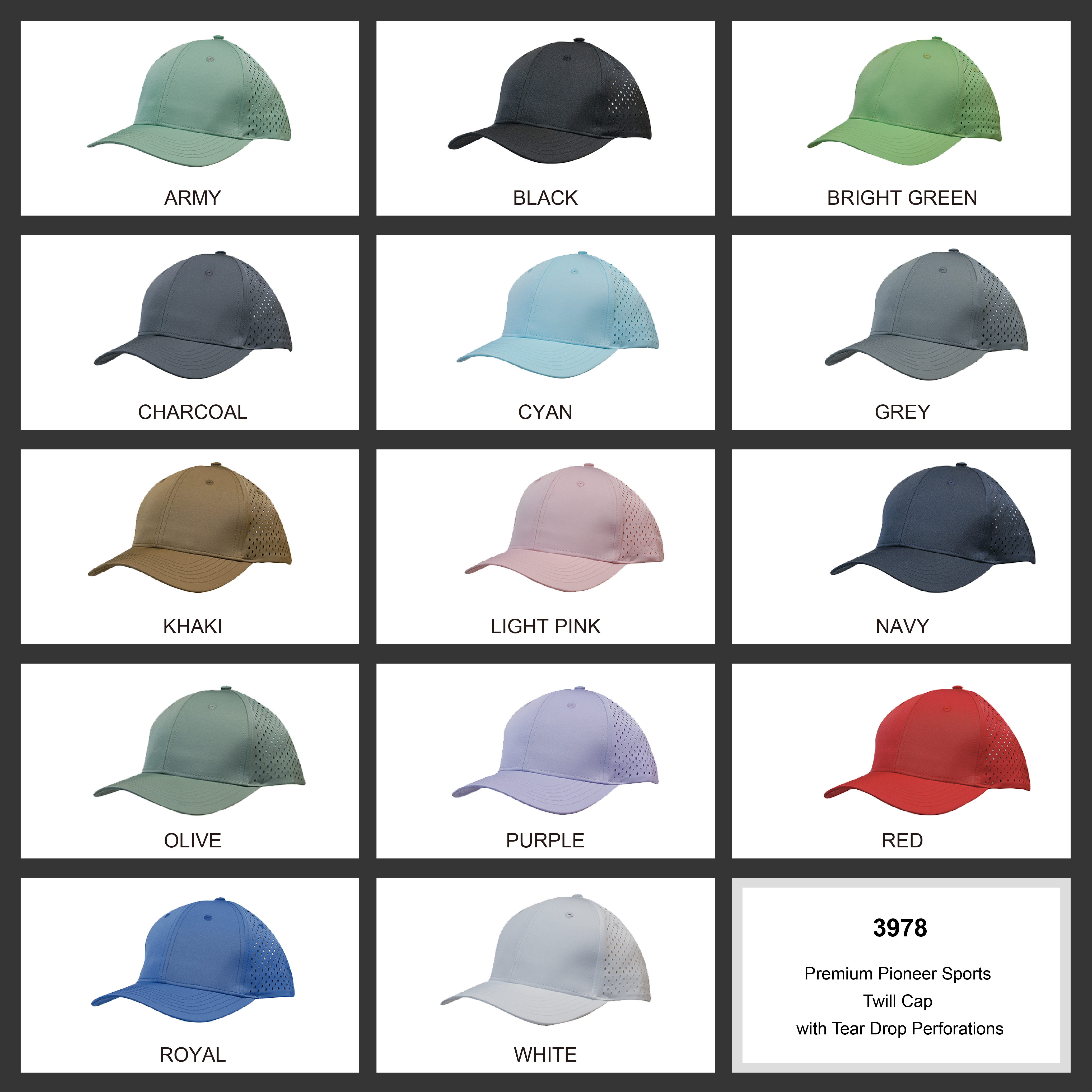Premium Pioneer Sports Twill with tear drop perforations Colour Chart