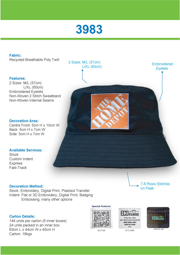 Recycled Breathable Poly twill Bucket Hat Tip Sheet