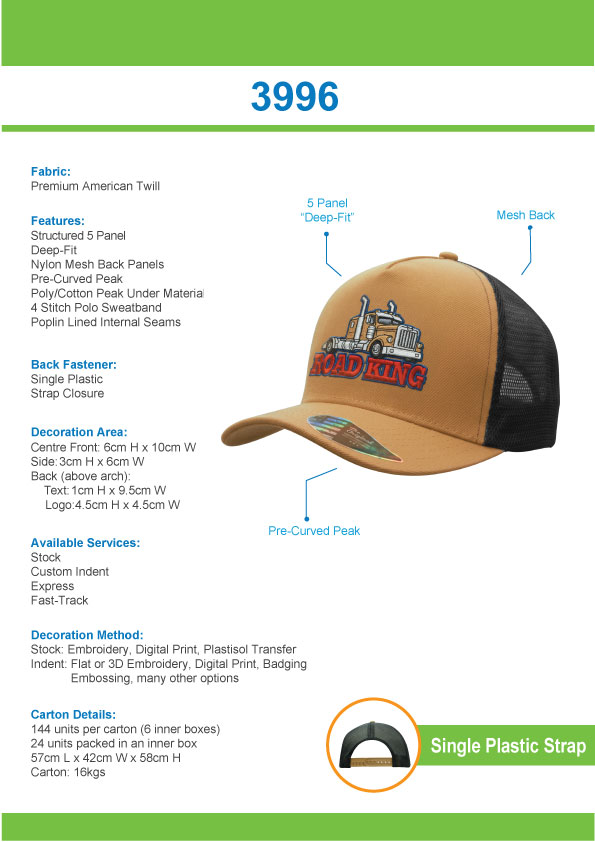 American Premium Twill/Mesh Deep Fit Trucker Cap Tip Sheet