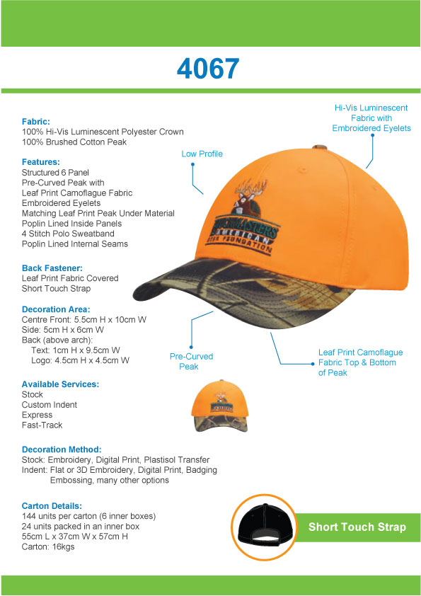 Luminescent Cap with Leaf Camouflage Peak Tip Sheet