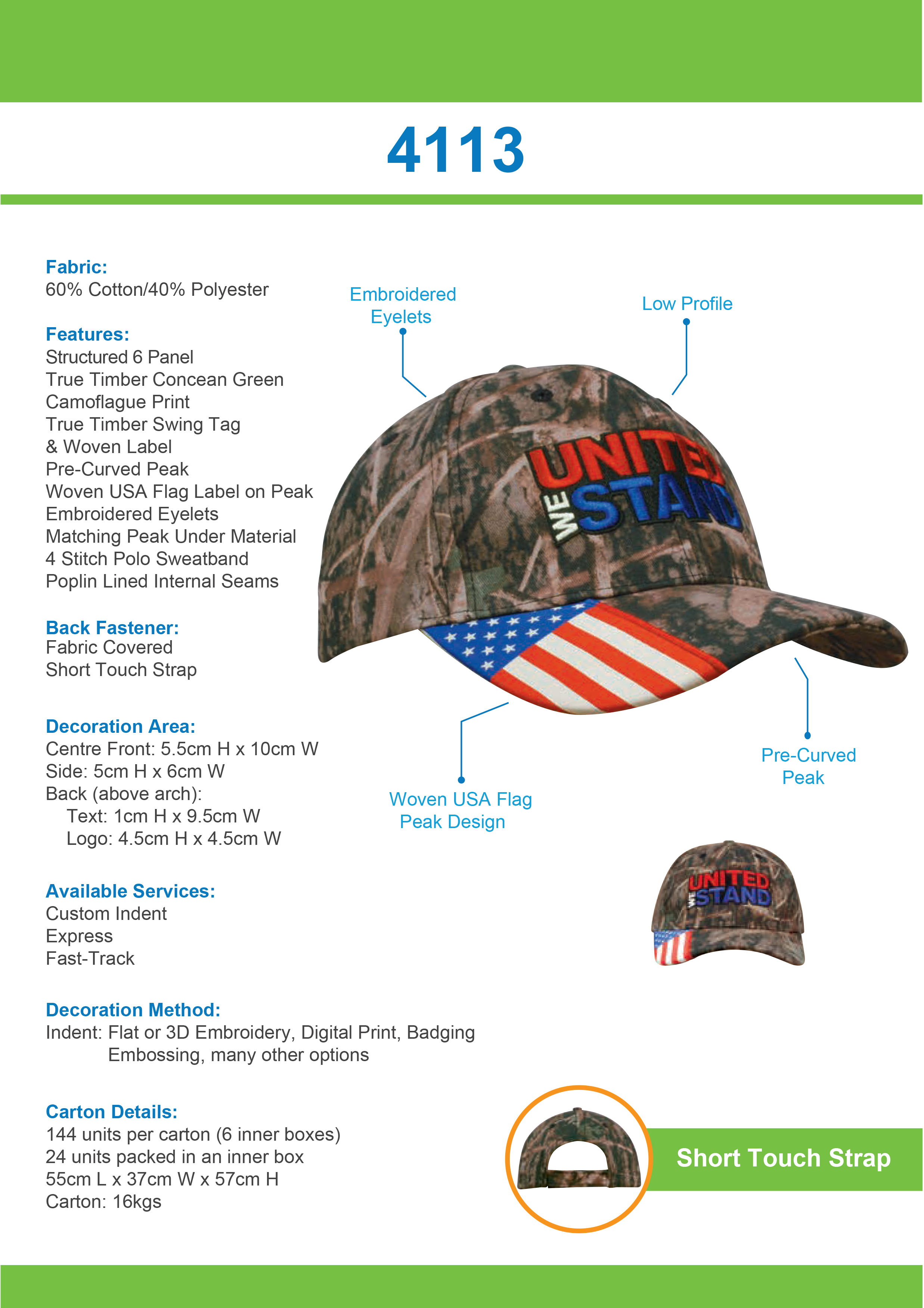 True timber camouflage with woven usa flag peak Tip Sheet
